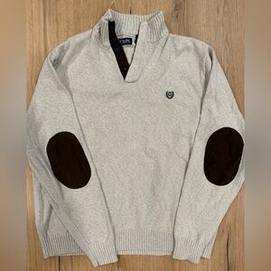 Chaps V-Neck Sweater in Cream with Brown Elbow Patches